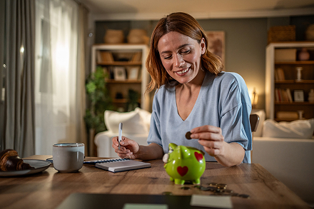 Lady putting money into savings jar